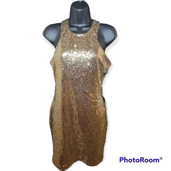 Lulus Gold Sequin Racer Back Sheath Mini Dress Size Medium. - Picture 3 of 8